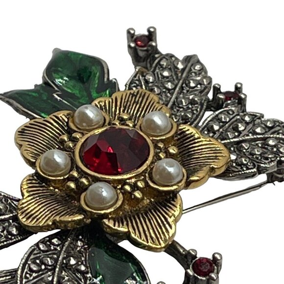 Vintage Avon Festive Floral Brooch Pin Faux Pearl Red Rhinestones - Picture 11 of 13